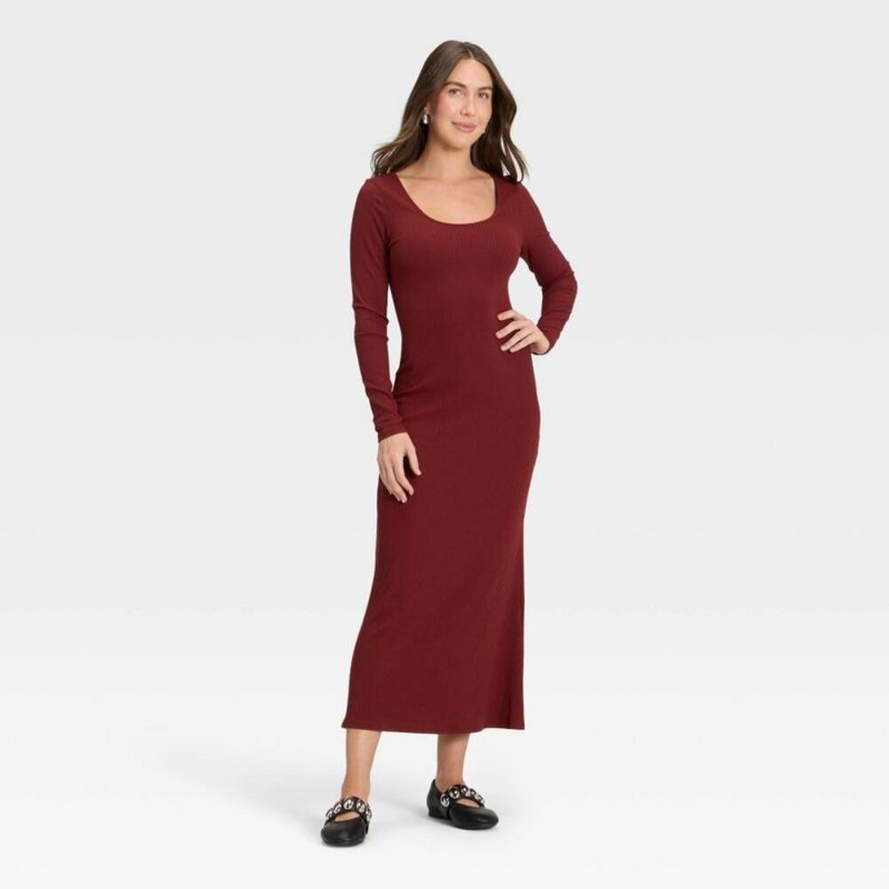 A New Day - Women's Long Sleeve Rib-Knit Maxi Dress - A New Da Maroon - Picture 3 of 3